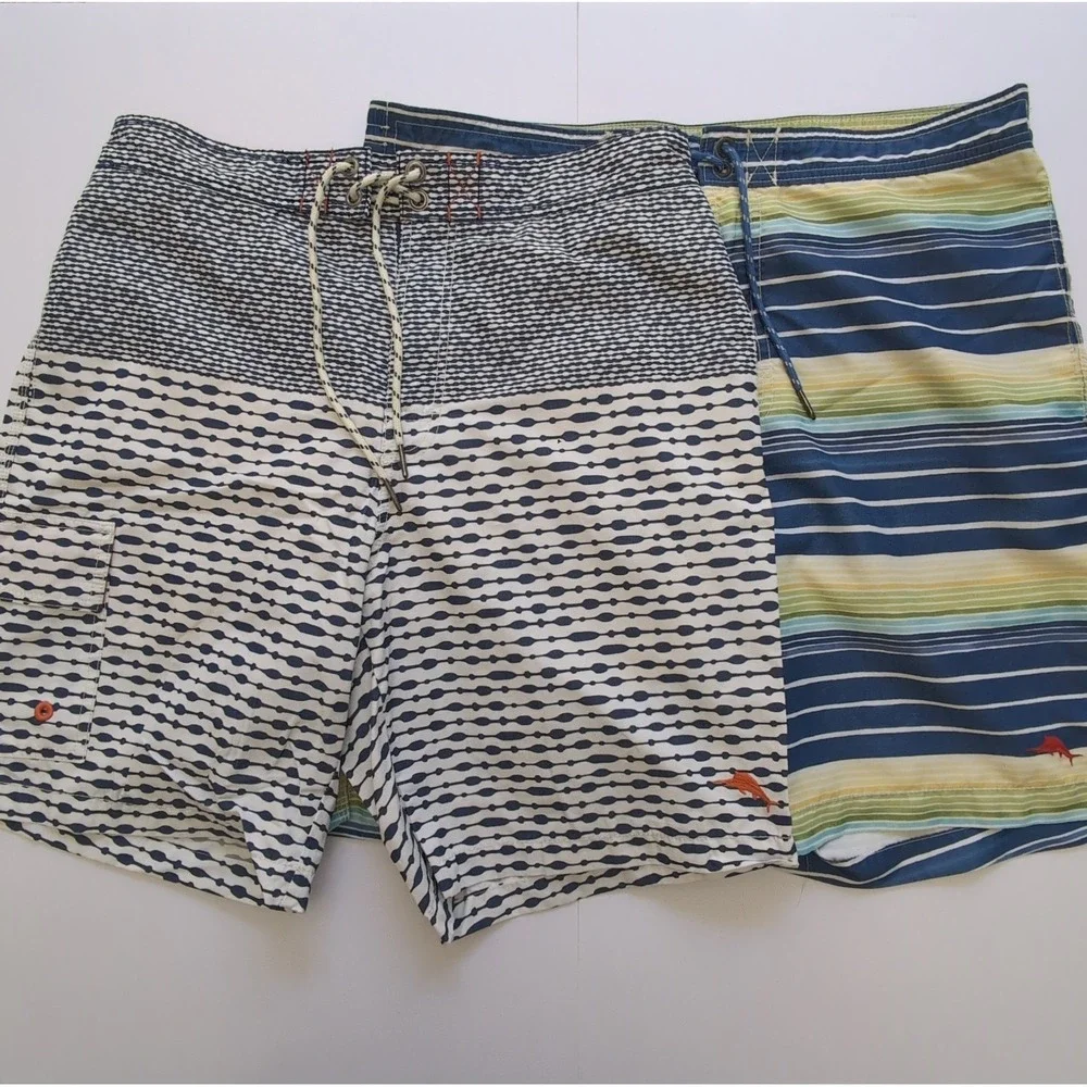 Lot of 2 Pairs Tommy Bahama Swim Trunks Boardshorts Mens Medium Stripe Marlin